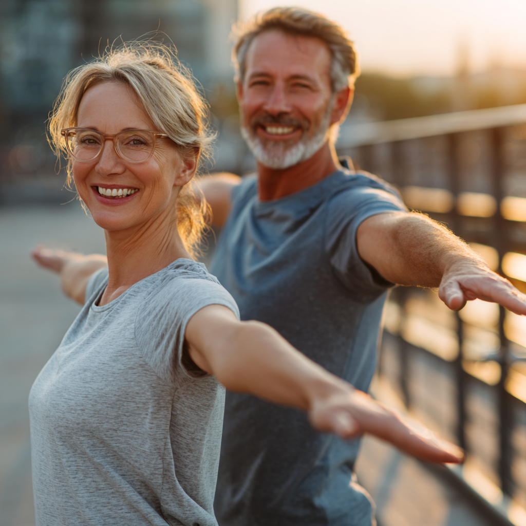 Щаслива жінка європейської зовнішності середнього віку посміхається, демонструючи здоровий активний спосіб життя, стоїть на природі з витягнутими руками