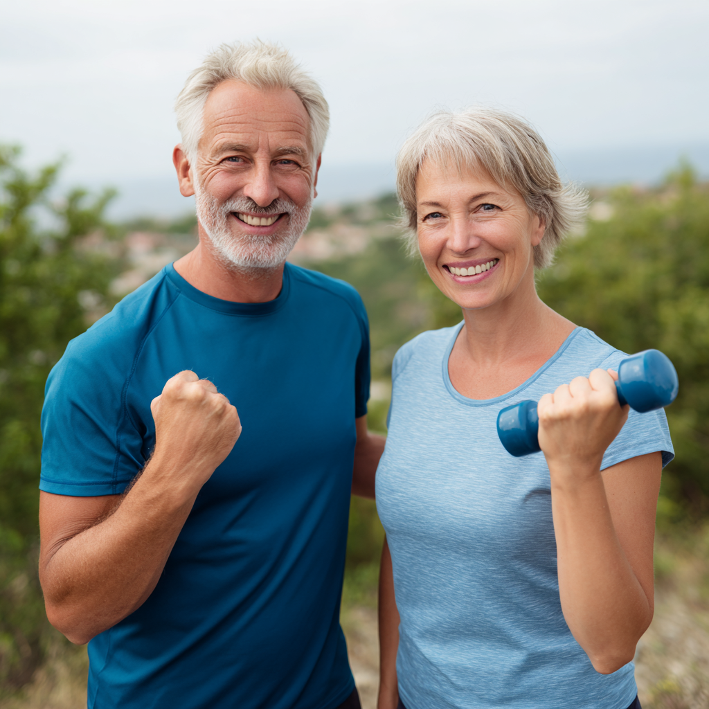 Щаслива пара європейської зовнішності середнього віку займається легкими фізичними вправами на природі, посміхаються та виглядають здоровими і активними