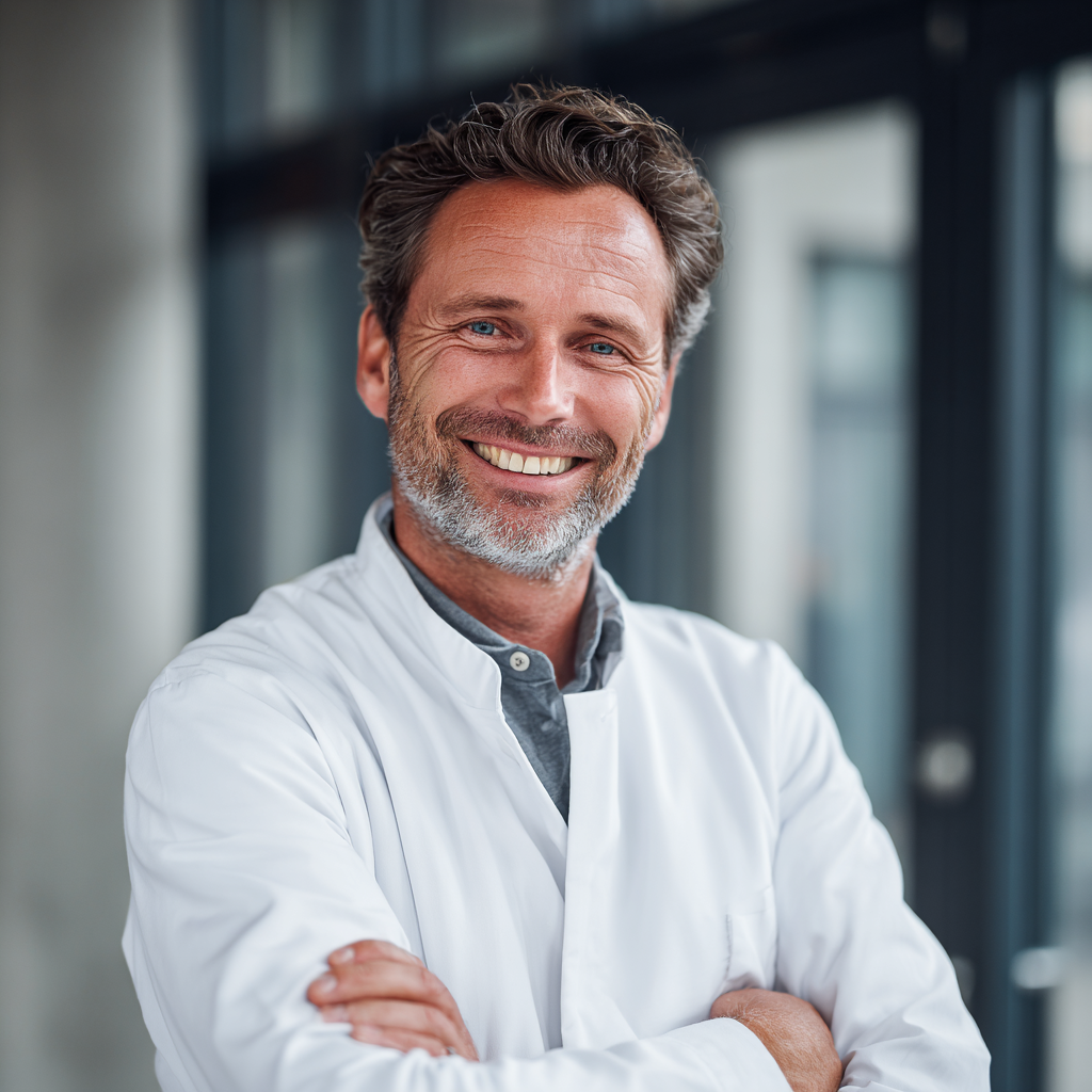 Професійний консультант європейської зовнішності середнього віку в білому халаті тепло посміхається, демонструючи довіру та професіоналізм в офісному середовищі